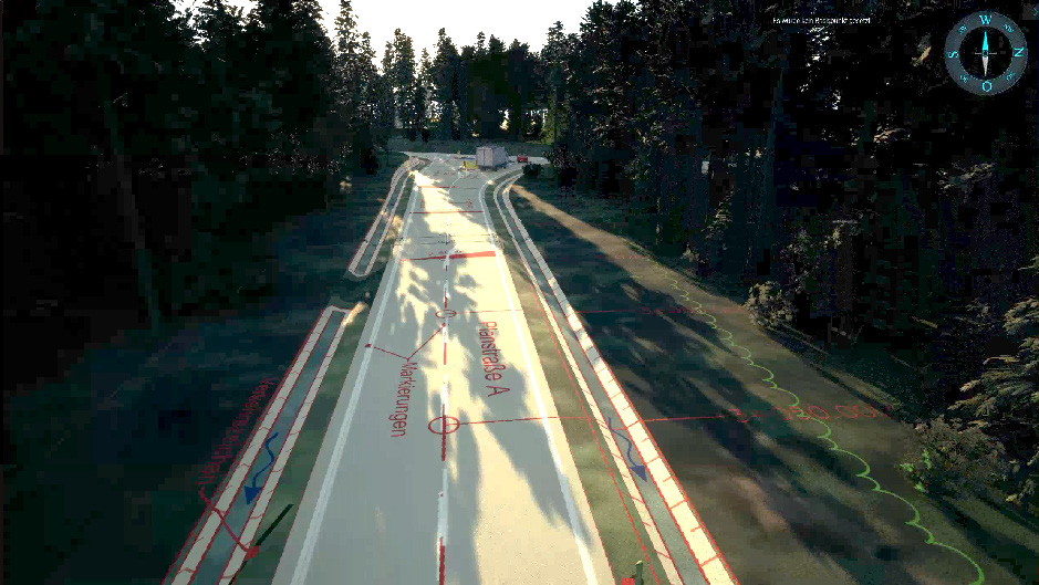 3D Visualisierung einer Kreuzung mit technischem Plan
