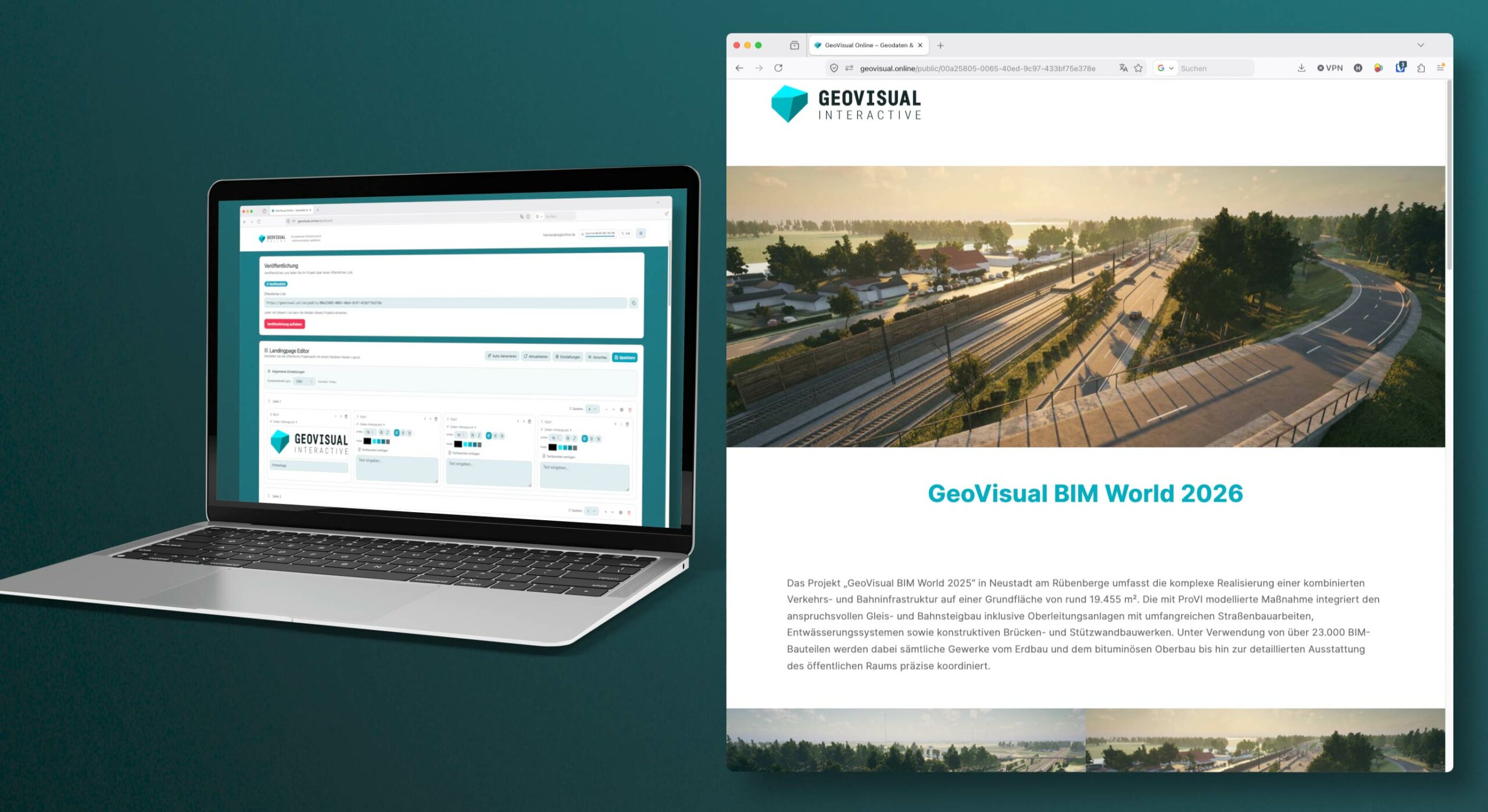 A Laptop showing the landingpage editor in geovisual.online
